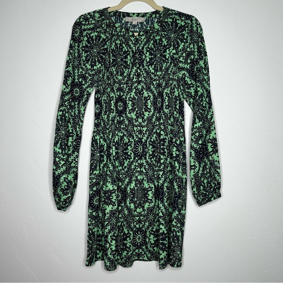 NWT LOFT Green Navy Long Sleeve Dress Knee Length Plisse Pleat Puff Sleeve Small - Picture 1 of 13